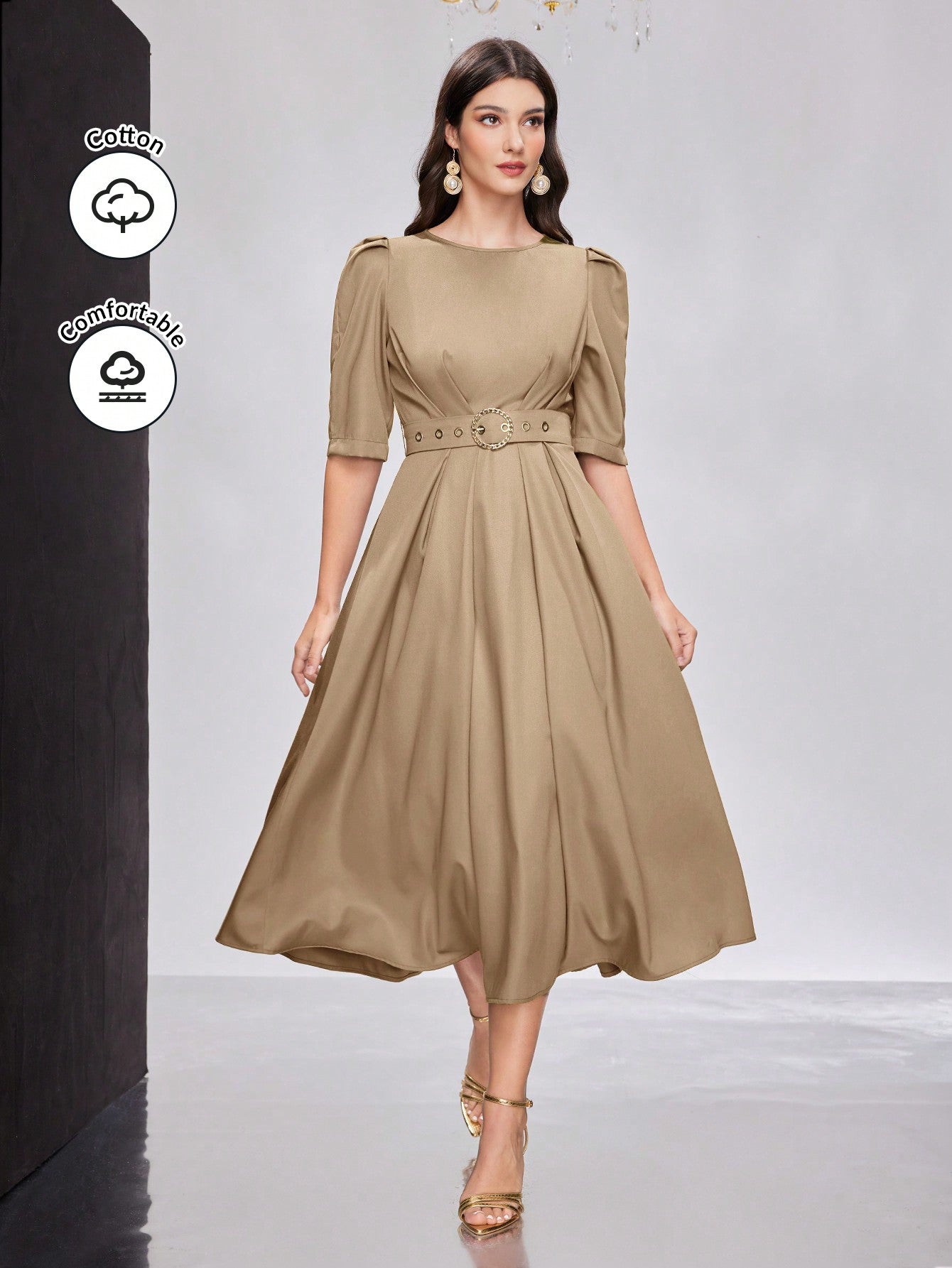 Elegant Ladies' Summer Solid Color Puff-Sleeved Waist-High Dress, Wedding Guest Dress