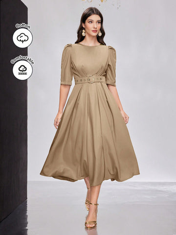 Elegant Ladies' Summer Solid Color Puff-Sleeved Waist-High Dress, Wedding Guest Dress