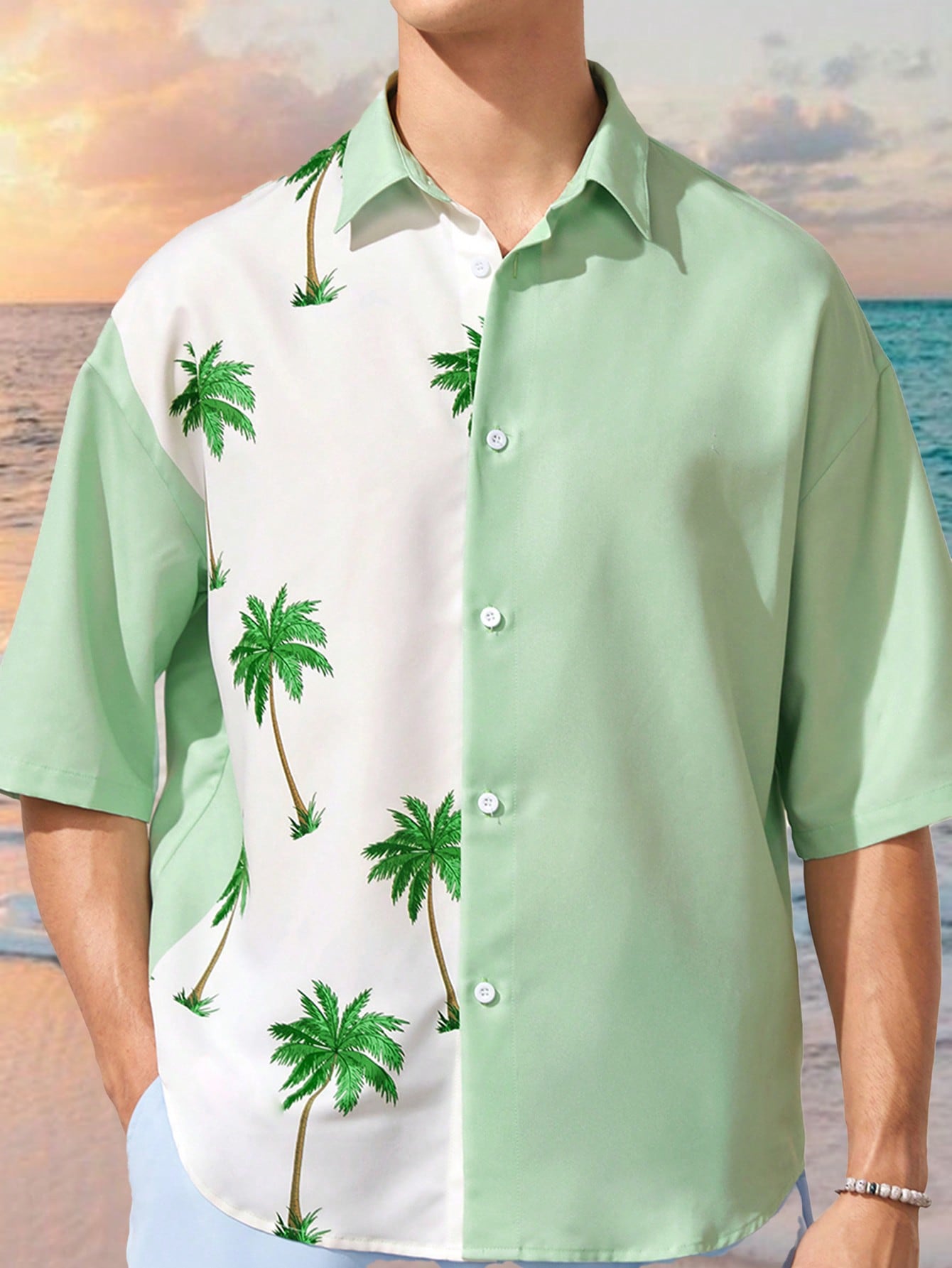 Men's Beach Outfits, Summer Vacation Lightweight Breathable Woven Casual Hawaiian Shirt With Coconut Tree Pattern And Oversized Size, Suitable For Beach And Surfing