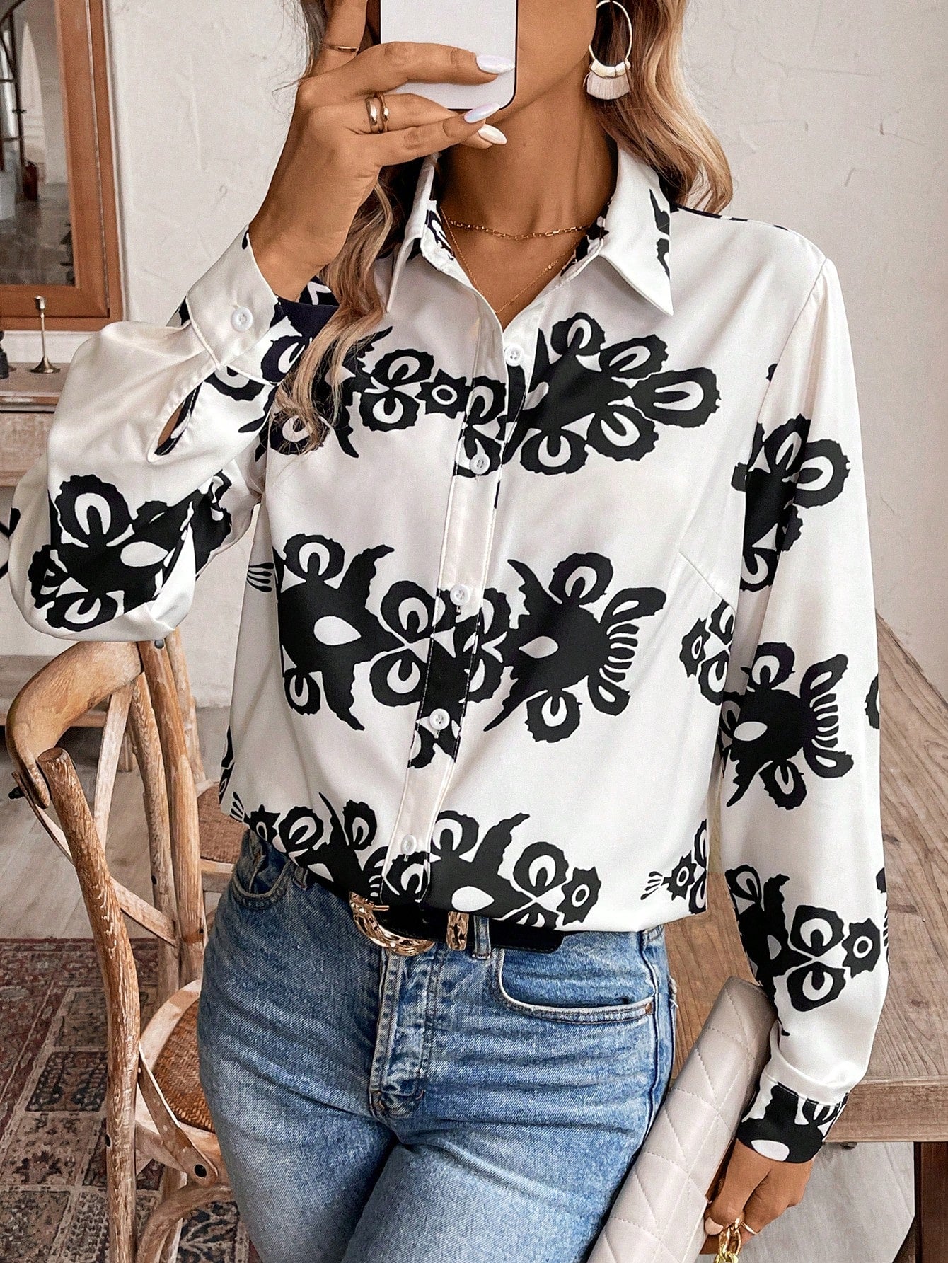 Women's Floral Printed Casual Long Sleeve Shirt, Spring/Summer Vacation