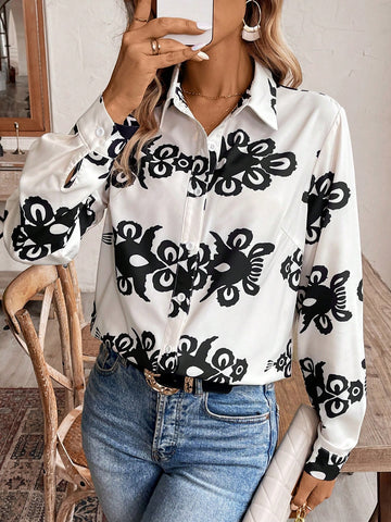 Women's Floral Printed Casual Long Sleeve Shirt, Spring/Summer Vacation