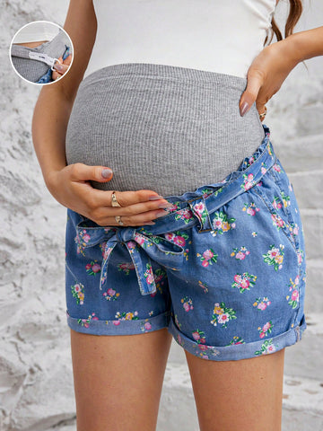 Maternity Casual Fit Floral Print  Shorts, Vacation & Casual	Denim Look