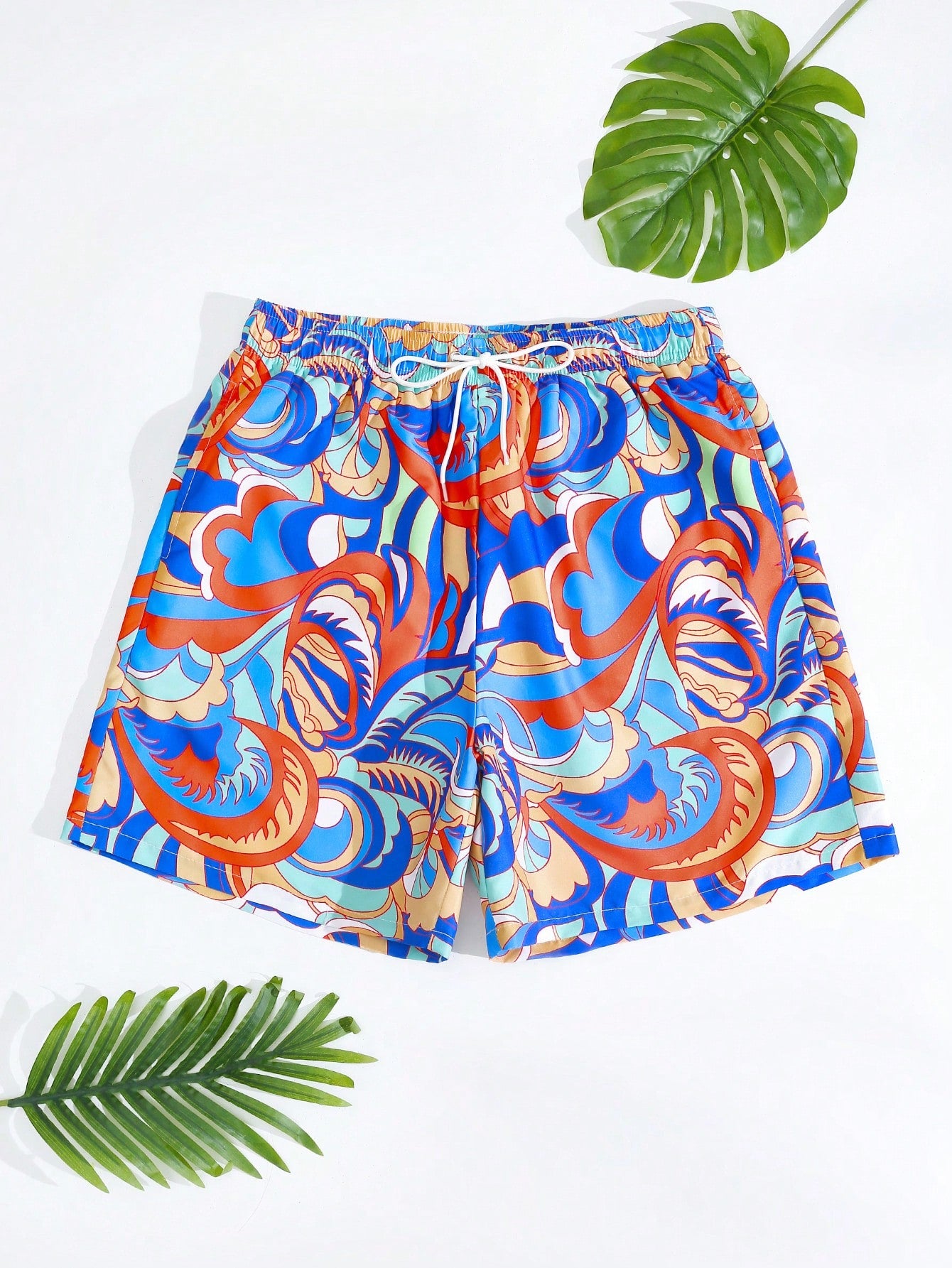 Men's All Over Print Drawstring Elastic Waist Loose Beach Shorts, Vacation Style