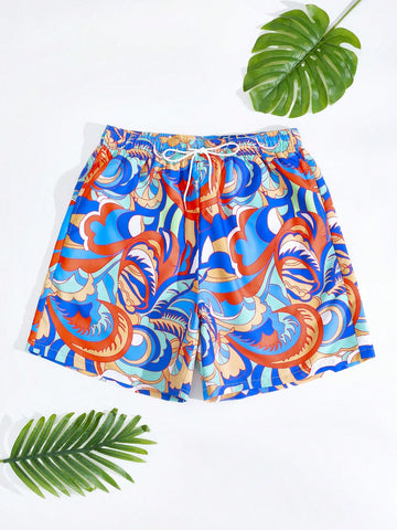 Men's All Over Print Drawstring Elastic Waist Loose Beach Shorts, Vacation Style