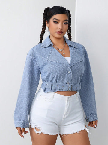 Plus Size Women's Short Fashionable Printed Jacket With Turn-Down Collar And Waist Belt, Denim