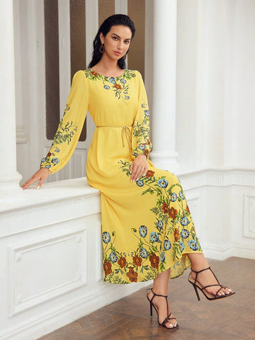 FLORAL PRINT LANTERN SLEEVE TASSEL BELTED DRESS