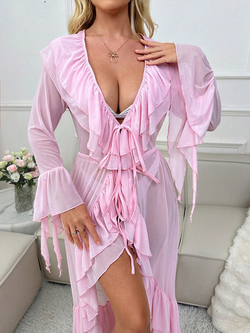 Women's Fashionable Double-Layered Frill Trimmed Robe With Cinched Waist, Extra Long