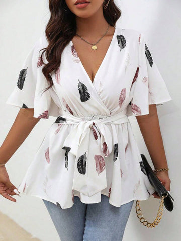 Women's White Short-Sleeved V-Neck Loose-Fitting Feather Printed Blouse With Cinched Waist