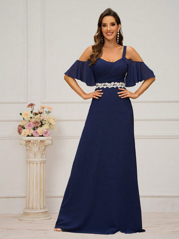 Women Elegant Dark Blue Chiffon Dress With Spaghetti Straps, Flared Sleeves, Crossed Pleats, Color-Blocking And White Lace Decoration At Waist And Back Crossed U-Shaped Hem. Ideal For Wedding Season, Music Festival, Mother Day And Formal Bridesmaid Dress.