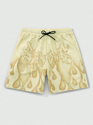 Men's Flame Print Woven Drawstring Shorts, Suitable For Daily Wear In Spring And Summer