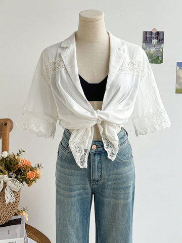 Women's Seaside Casual Vacation Casual White Shirt, Open Neck Collar With Lace Splice On Body And Cuffs