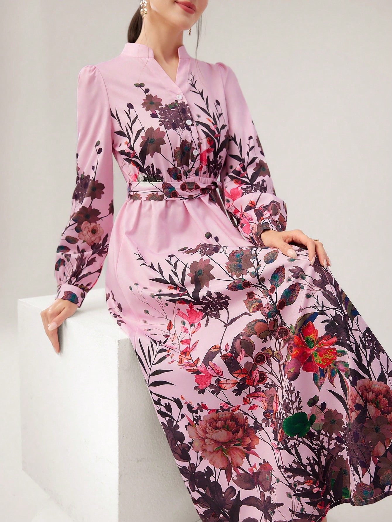 Women's Fashion Floral Printed Long Sleeve Notch V-Neck Dress