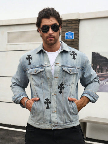 Men's Fashion Cross Print Long Sleeve Denim Jacket