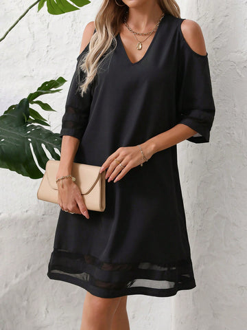 Summer Casual V-Neck Mesh Splicing Open Shoulder Dress