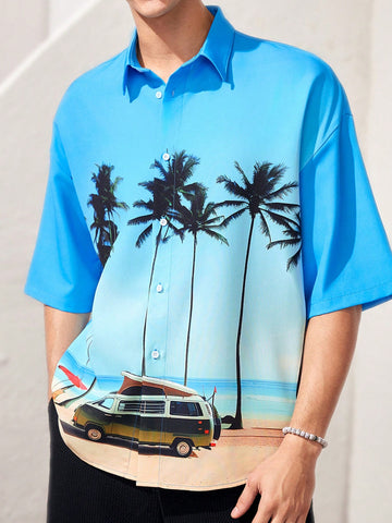 Men's Beach Outfits, 2pcs Lightweight And Breathable Hawaiian Shirt And Oversized Shorts Set With Coconut Tree Scenery Pattern, Ideal For Summer Vacation, Beach, Surfing Or Casual Leisure, Blue