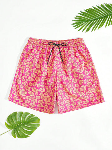 Men's Floral Print Drawstring Wide-Leg Beach Shorts For Vacation