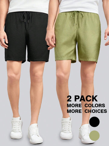 Men's 2pcs Set Woven Short Elastic Waist Drawstring Casual Sports Shorts, Suitable For Daily Summer Wear