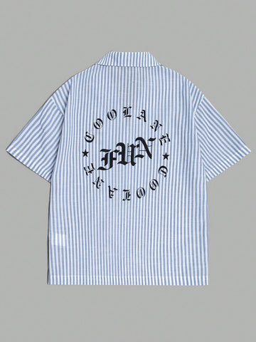 Women Blue And White Striped Hawaiian Collar Boyfriend Style Gothic Letter Shirt