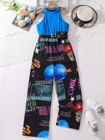 Tween Girl Random Printed Cool Jumpsuit