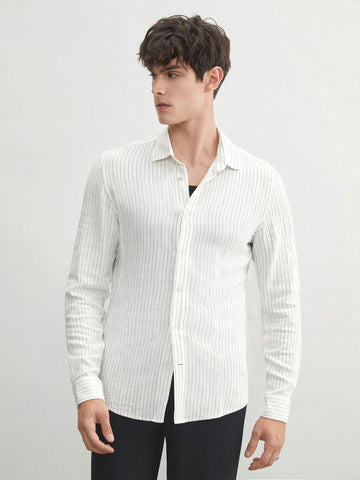 Linen Men's Woven Slim Fit Color-Block Striped Business Casual Long Sleeve Shirt, For Summer