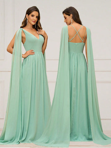 Women's Romantic Grass Green Chiffon Fabric V-Neck Cape Dress With Flared Sleeves, Back Crossed Adjustable Strap And A-Line Hem, Suitable For Wedding Season, Mother's Day, Music Festival And Other Formal Occasions As Bridesmaid Dress