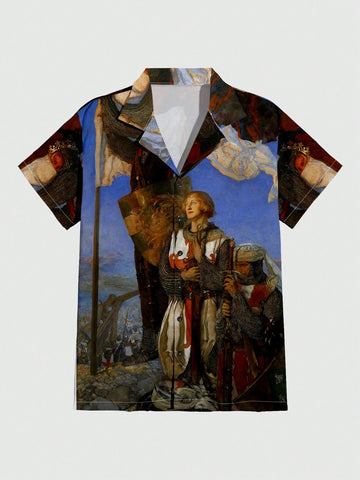 Men Casual Short Sleeve Shirt With Portrait Print And Button Front For Summer