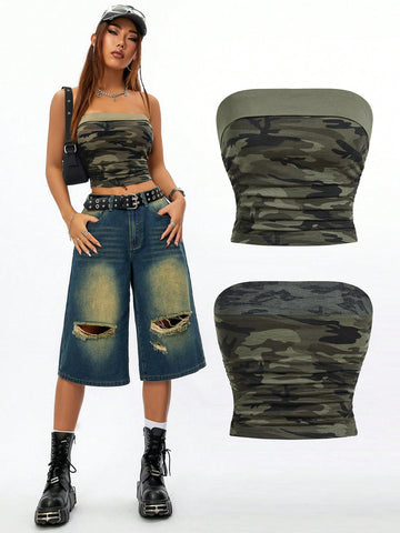 Women's Fashionable Camouflage Color Block Bustier Top, Suitable For Spring And Summer,Tube Top,Summer Crop Tops,Country Concert Outfit,Concert Women Outfit,Summer Women Tops