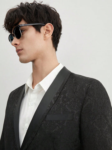 Men's Old Money Style Business Casual Jacquard Woven Black Blazer, Spring And Autumn