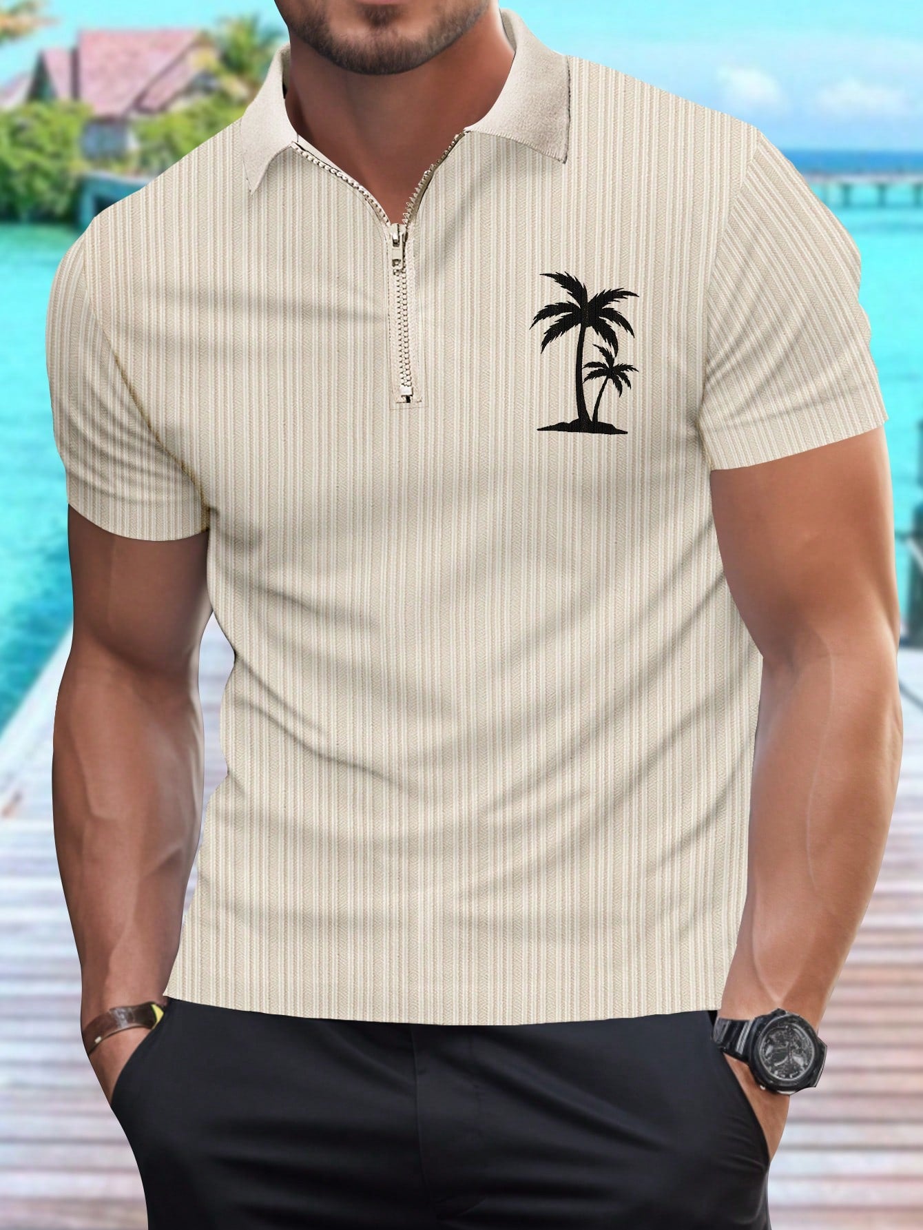 Men's Summer Palm Tree Striped Printed Short Sleeve Casual Pique Polo Shirt