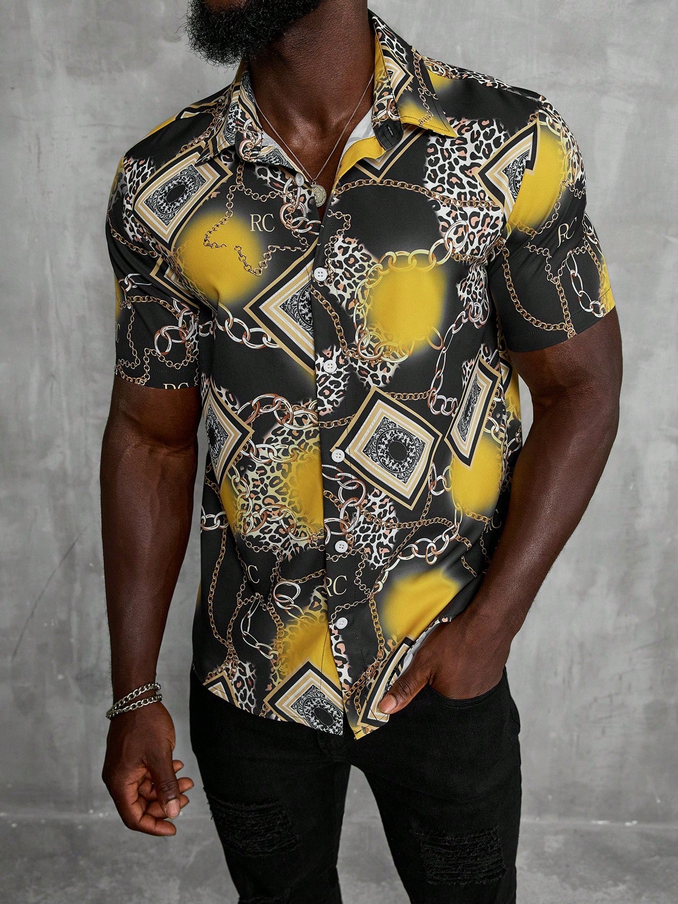 Men's Leopard Print Chain Pattern Short Sleeve Casual Shirt For Vacation