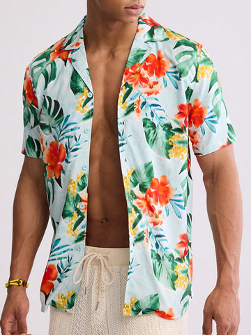 Men's Short Sleeve Relaxed Revere Collar Shirt In Tie Dye Tropical Flowers And Leaves Pattern