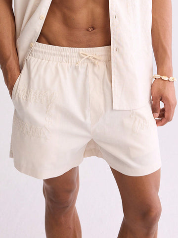 Men's Plain Color Embroidered Linen Drawstring Summer Shorts