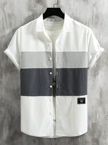 Men Letter Patch Detail Cut And Sew Shirt Without Tee