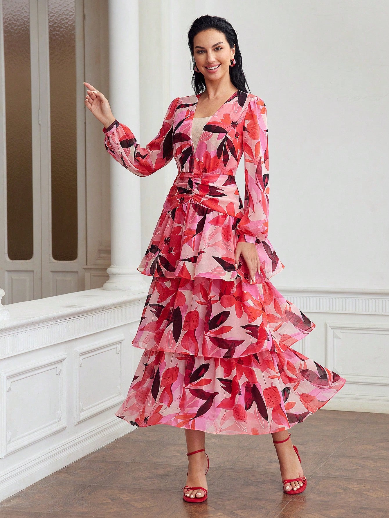 ALLOVER PRINT LANTERN SLEEVE LAYERED RUFFLE HEM DRESS