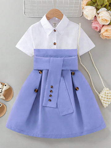 Young Girl Fashionable Dress With Shirt Design, Waist Belt And Contrast Color