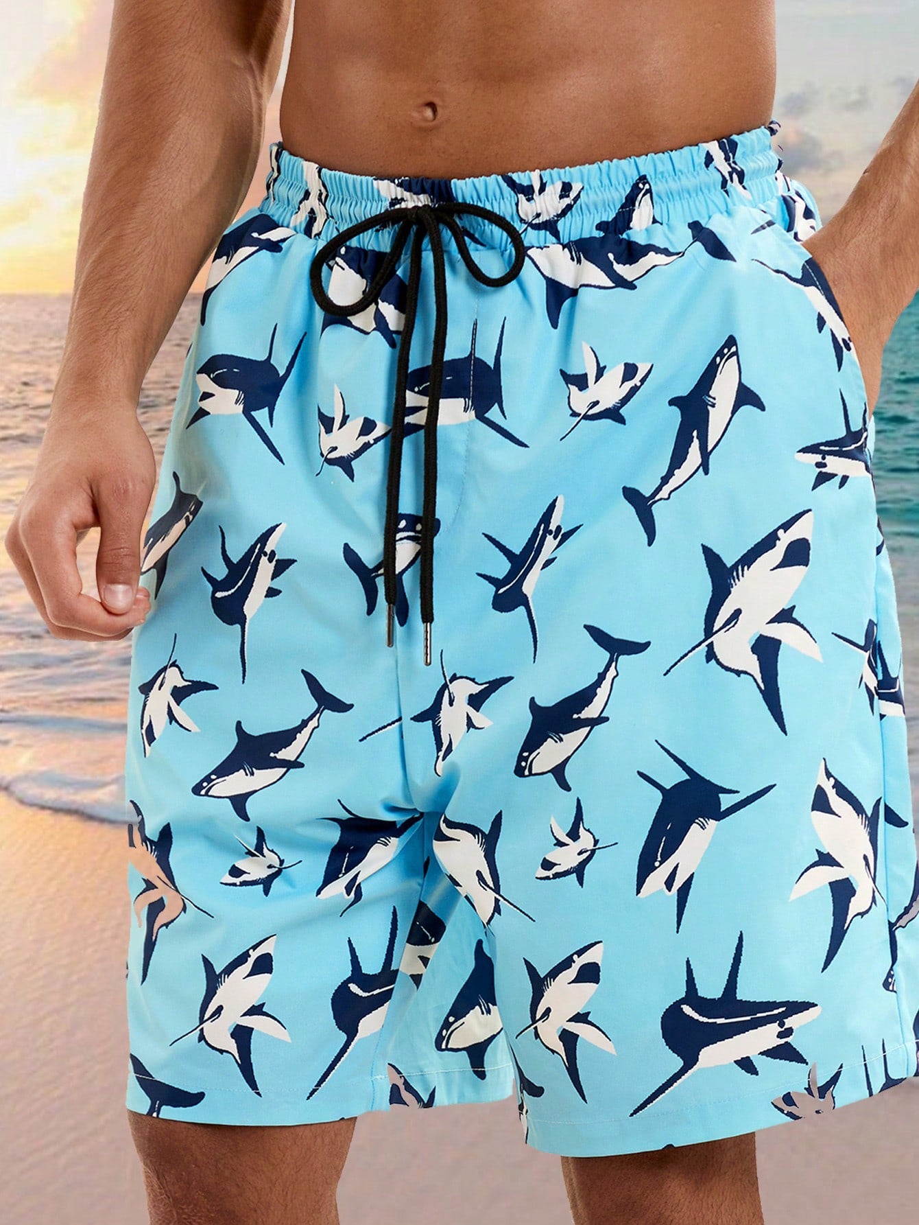 Men's Beach Outfits Summer Vacation Light Breathable Woven Casual Hawaiian Shorts With Shark Patterns Beachwear Baggy Pattern Cool Graphic Colorful