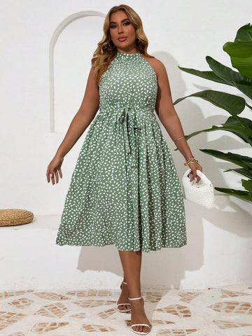 Plus Size Women's Fashionable Printed Cold Shoulder Cinching Waist Dress