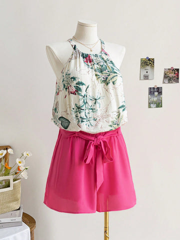 Vintage Tropical Flower Pattern Neck Strap Spaghetti Strap Top And Elastic Waistband Shorts, Fuchsia, Plus Size 2pcs Set For Summer