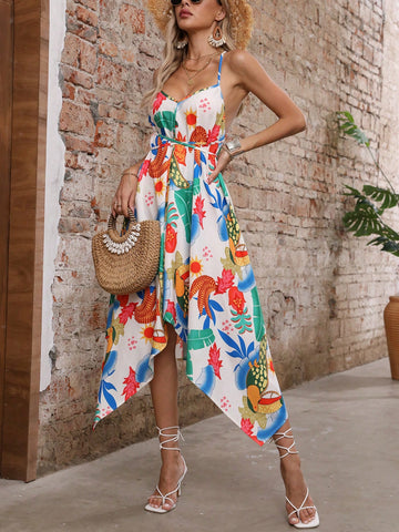 Tropical Plant Printed Asymmetrical Backless Sleeveless Cami Dress For Summer