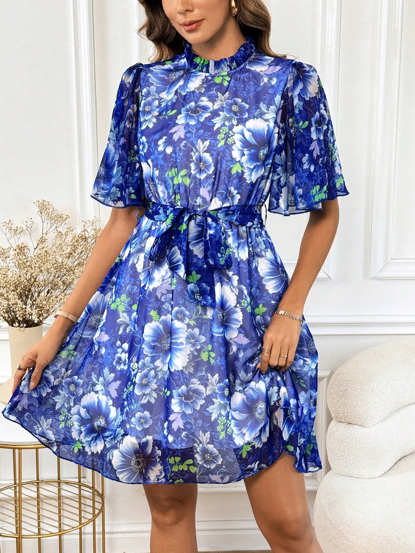 Blue Floral Printed Dress For Women Bridgerton Style Dress