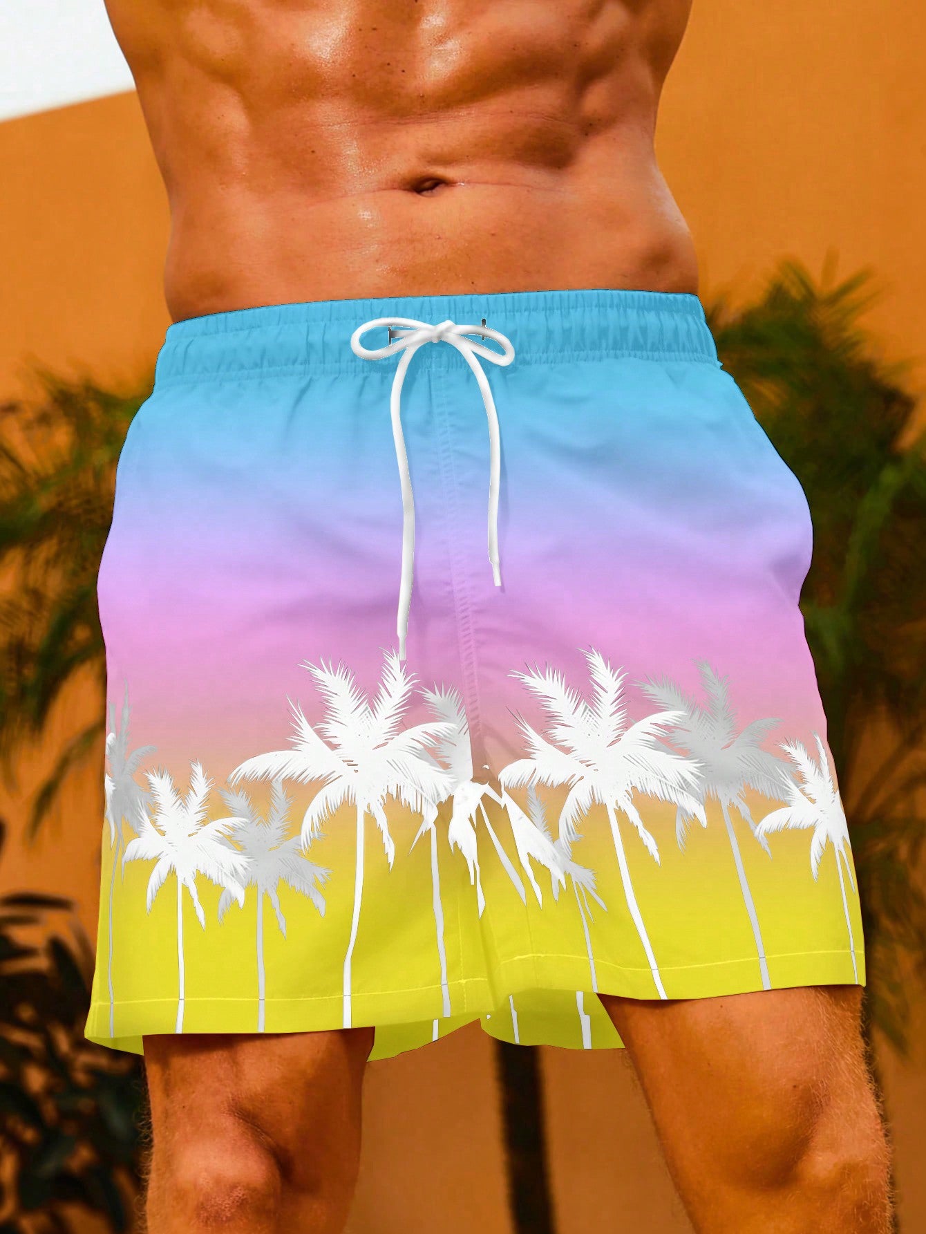 Men's Coconut Tree Print Gradient Drawstring Waist Beach Shorts For Vacation