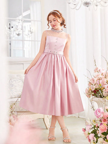 Teen Girl Pink Wedding Dress With Rhinestones, Stand Collar, Sheer Waistband