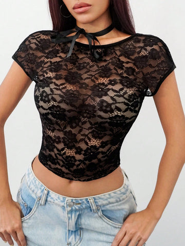 Solid Color Sexy Round Neck Lace See-Through Short Sleeve Top