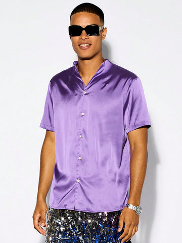 Men's Beach Outfit Summer Vacation Lightweight Breathable Shiny Purple Satin Woven Casual Slim Fit Shirt With Stand Collar