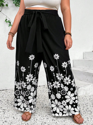 Plus Size Printed Waist Belted Wide Leg Black Casual Pants