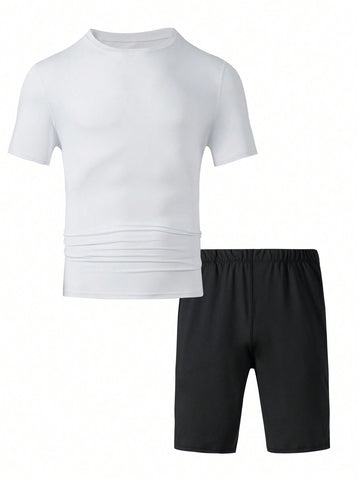 Men's Fashion Solid Color Short Sleeve Top And Shorts Sports Suit