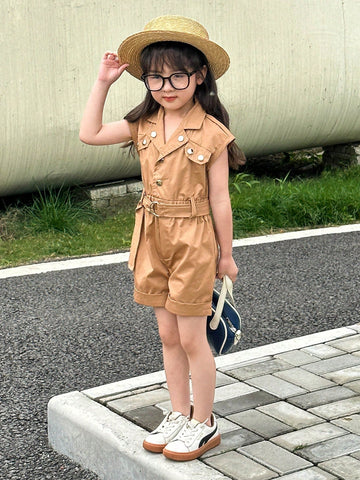 Young Girl Korean Style Woven Jumpsuit With Shoulder Straps, Button Closure, Belted Waist, And Concealed Zipper Fly, Spring/Summer