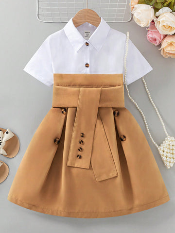 Young Girl Stylish Dress With Shirt Design, Belted Waist And Splicing Details