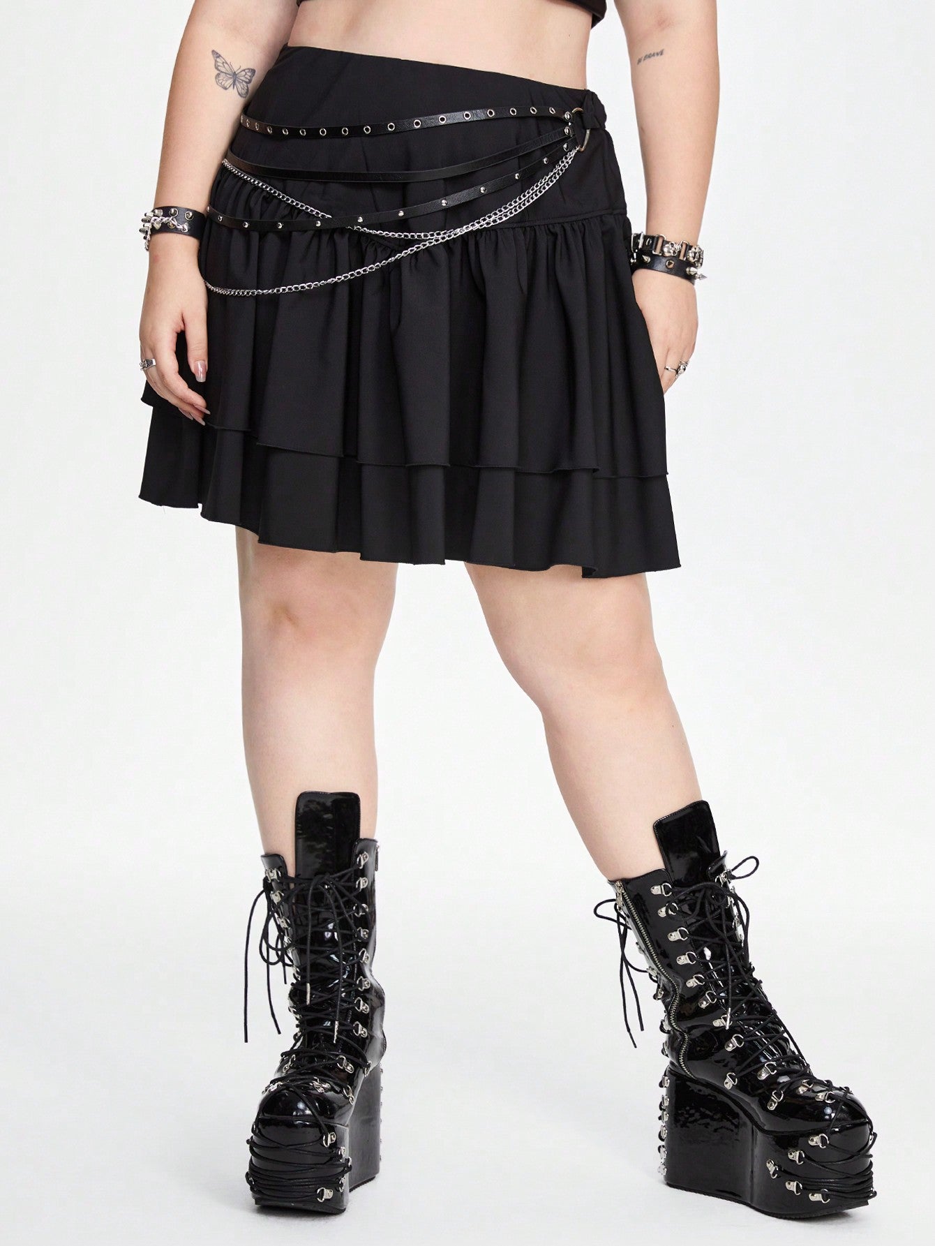 Black Punk Style Belted A-Line Plus Size Cake Skirt, Flattering For Your Figure