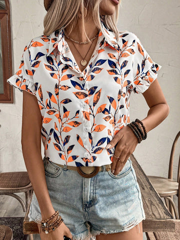 Women's Full Button Allover Print Short Sleeve Shirt For Summer